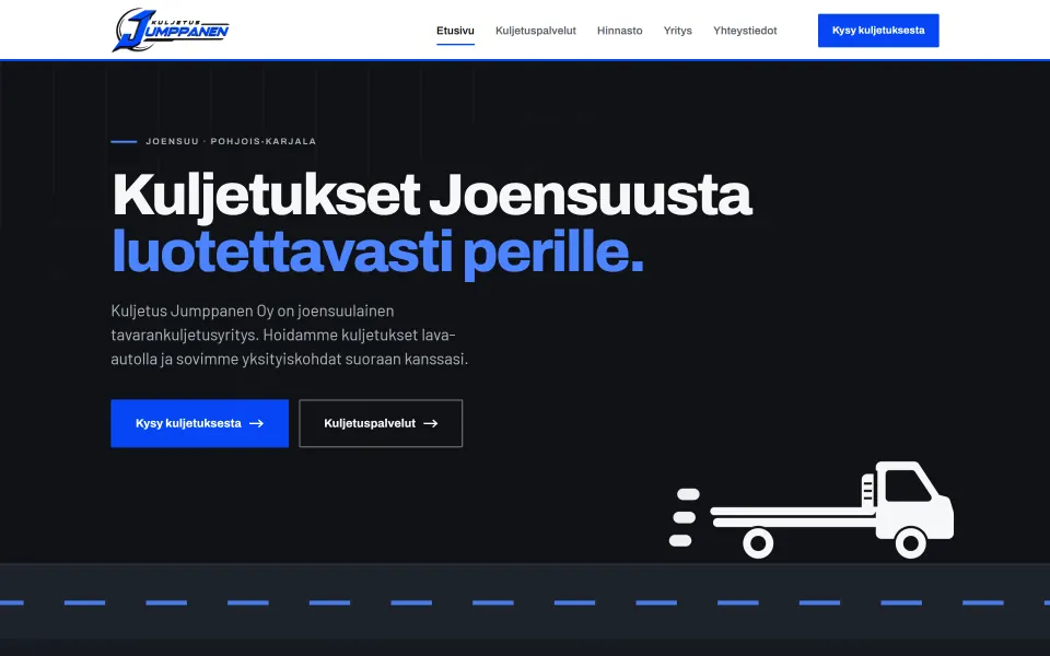 Kuljetus Jumppasen verkkosivuston etusivu: tumma yläosa, otsikko ”Kuljetukset Joensuusta luotettavasti perille” ja kuvitus lava-autosta